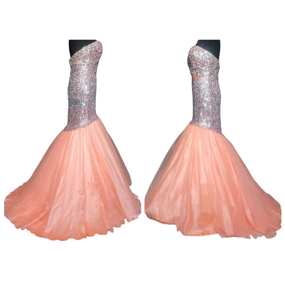 MacDuggal Mermaid Sweetheart Sequin Bead Peach Tulle Trumpet Dress Ball Gown✨️6 - Picture 4 of 16